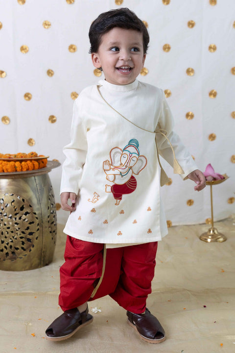 Boy Ganesha Embroidered Cotton Dhoti Kurta Set - Cream