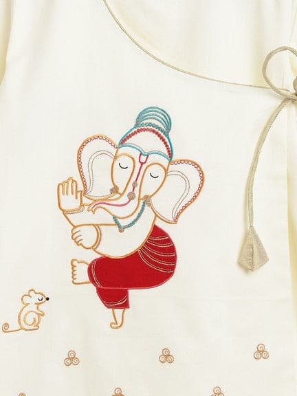 Boy Ganesha Embroidered Cotton Dhoti Kurta Set - Cream