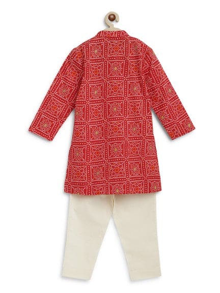 Boy Bandhani Print Cotton Kurta Set - Red