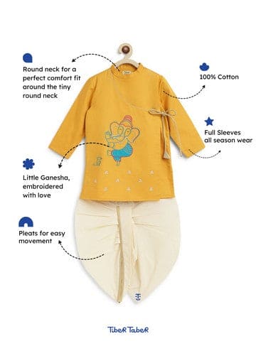 Boy Ganesha Embroidered Cotton Dhoti Kurta Set - Yellow