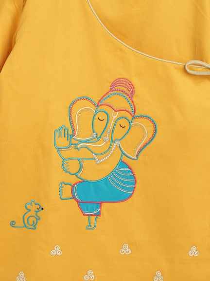 Boy Ganesha Embroidered Cotton Dhoti Kurta Set - Yellow