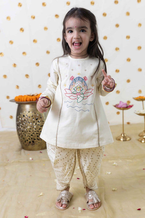 Pre-order: Girl Lakshmi Embroidered Premium Cotton Suit Set - Cream