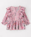 Floral Print Top with lace and frills on front sides-Pink