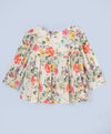 Floral print round neck full sleeves top with front yoke opening-White