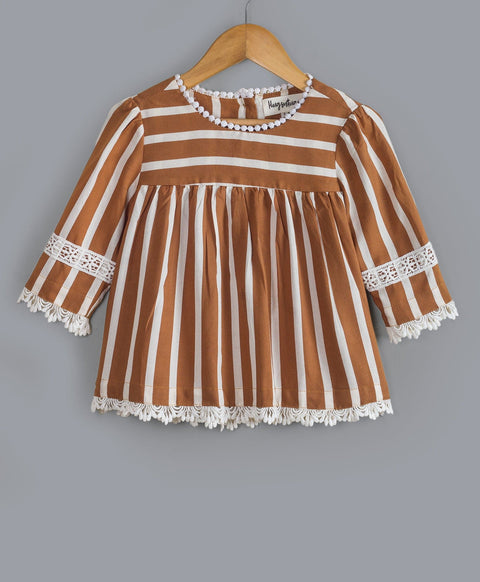 Toffee Stripe print top with contrast lace detailing-Brown