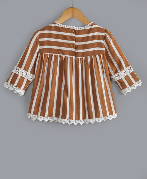 Toffee Stripe print top with contrast lace detailing-Brown