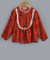 Floral print top with contrast lace along yoke & neck-Brick Red