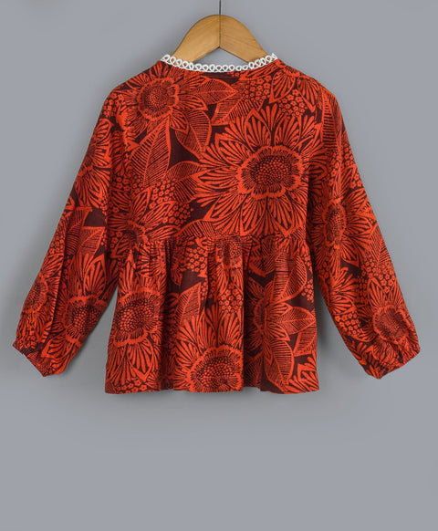 Floral print top with contrast lace along yoke & neck-Brick Red