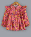 Floral print top with frills on shoulder n front button closure-Coral/Yellow