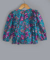 Indian floral print full sleeves top with frills on the sides at front-Blue