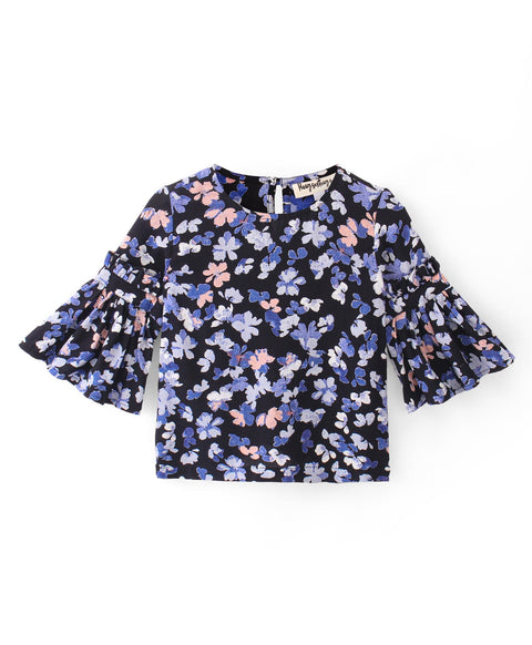 Flower print Cotton top with round neck and bell sleeves-Navy