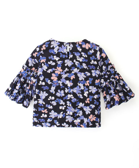 Flower print Cotton top with round neck and bell sleeves-Navy