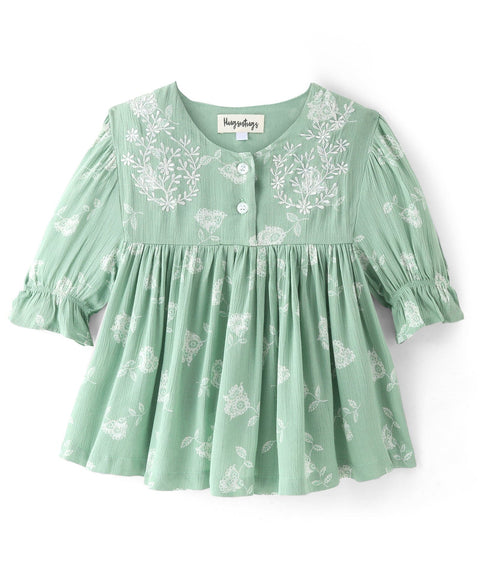 Half sleeves Cotton top with ecru embroidery on the yoke-Green