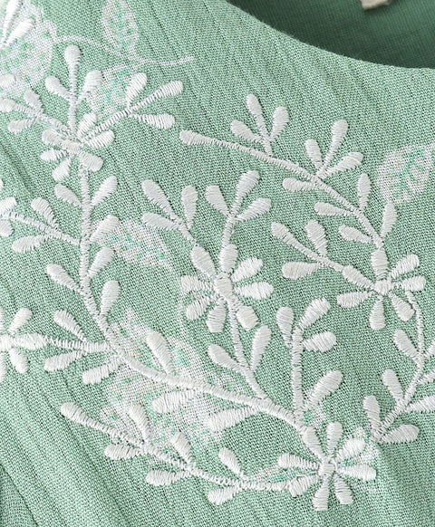 Half sleeves Cotton top with ecru embroidery on the yoke-Green
