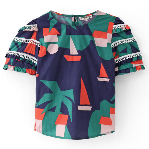 Cotton Top with abstract boat print and lace detailing on the sleeves-Navy/Green