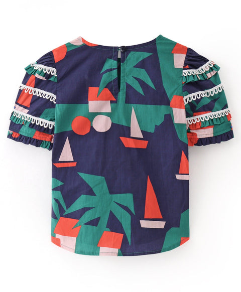 Cotton Top with abstract boat print and lace detailing on the sleeves-Navy/Green