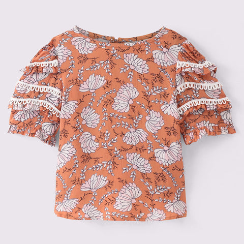 Cotton Top with floral print and lace detailing on the sleeves-Brown