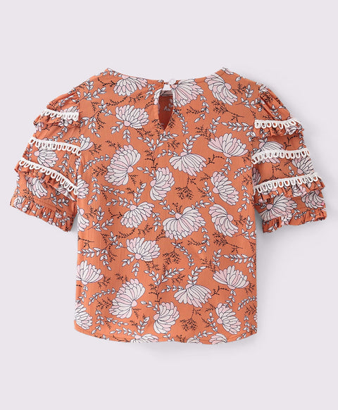 Cotton Top with floral print and lace detailing on the sleeves-Brown