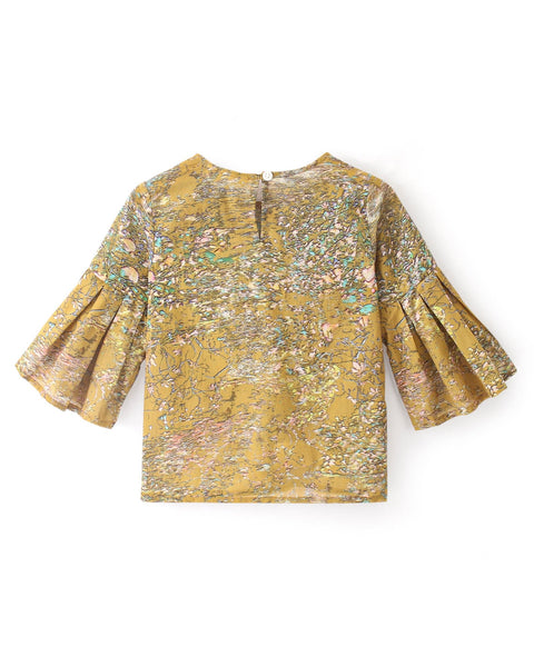 Floral Print Cotton Top with Bell Sleeves-Mustard