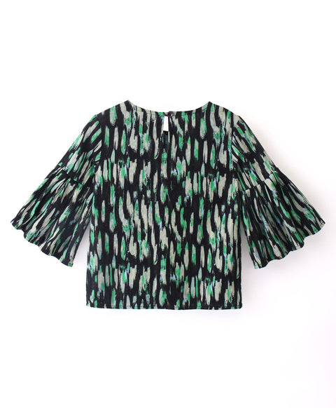 Abstract Print Cotton Top With Bell Sleeves-Green