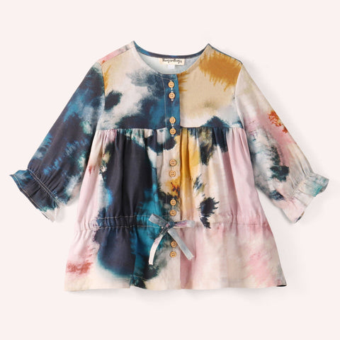 Watercolour fusion all over print Cotton top with wooden buttons-Water colour