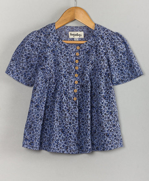 Ditsy floral round neck Cotton  top with wooden buttons at front-Blue