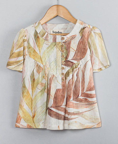 Leaf print round neck cotton  top with wooden buttons at front-White