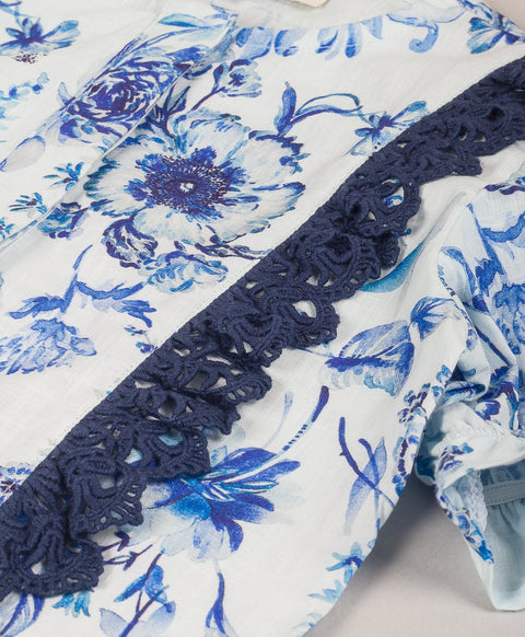 Floral top cotton with navy lace at side fronts -Blue & white
