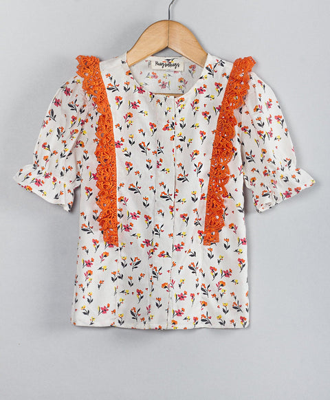 Ditsy print round neck Cotton top with orange lace at side fronts- White & Orange
