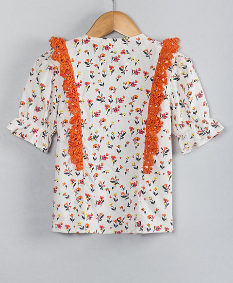 Ditsy print round neck Cotton top with orange lace at side fronts- White & Orange
