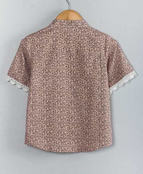 Ditsy floral half sleeves Cotton top with lace inserts at front-Soft Pink
