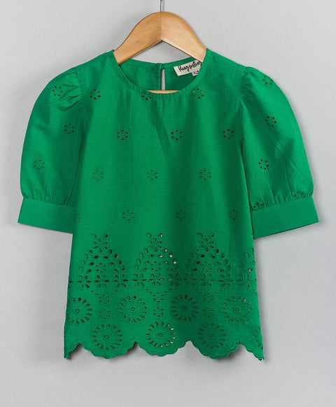 Emarald  schiffly Cotton embroidery round neck top-Green