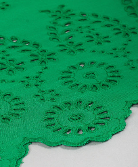 Emarald  schiffly Cotton embroidery round neck top-Green