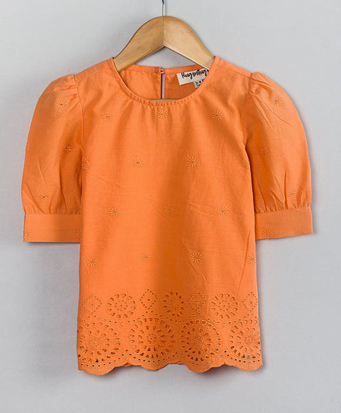 Round neck top with schiffly Cotton embroidery at bottom-Orange