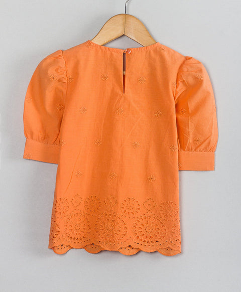 Round neck top with schiffly Cotton embroidery at bottom-Orange