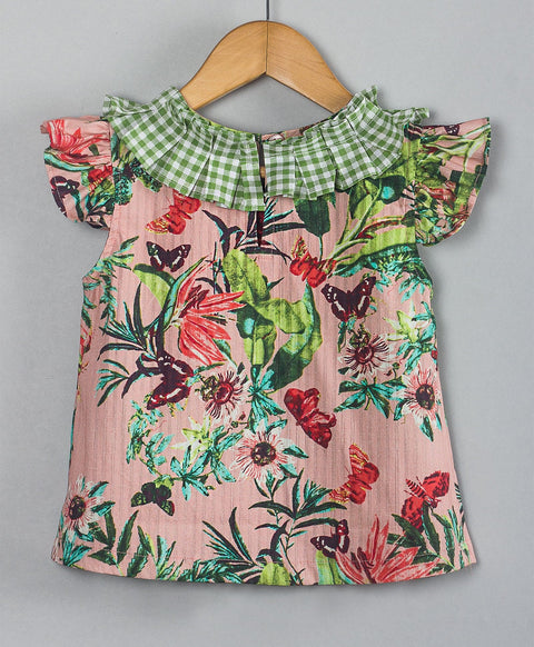 Pink floral Cotton top with green plaid print frills n bow at front-Pink