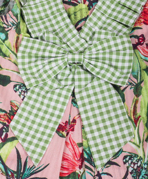Pink floral Cotton top with green plaid print frills n bow at front-Pink