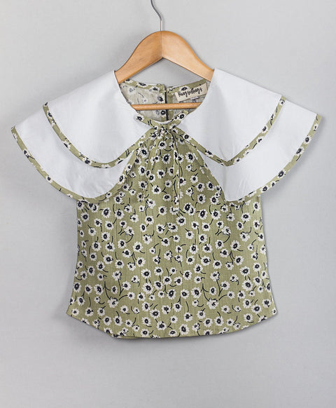 Floral print Cotton top with solid double shoulder flap collars -Sage green