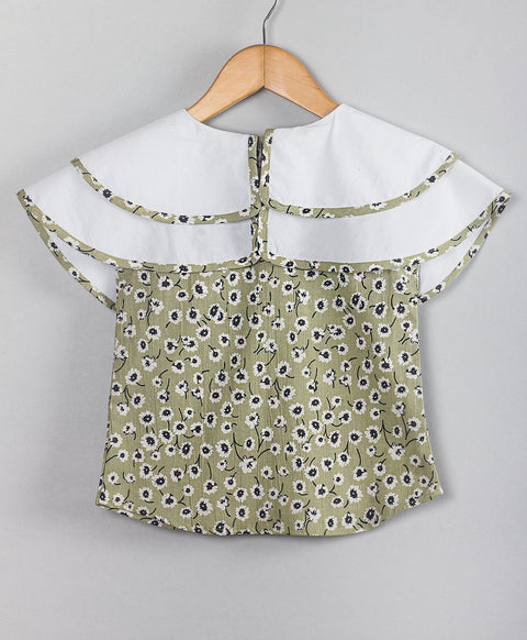 Floral print Cotton top with solid double shoulder flap collars -Sage green