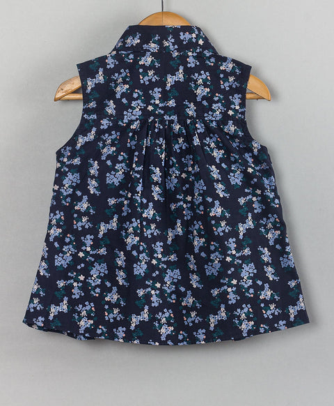 Floral print Cotton top with multi frills at front-Navy