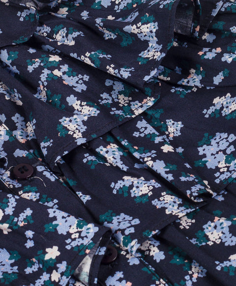 Floral print Cotton top with multi frills at front-Navy