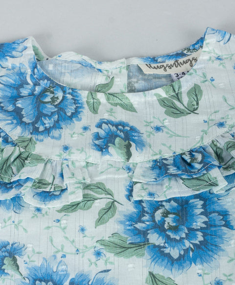 Floral top with frill along the yoke-Turq blue