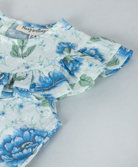Floral top with frill along the yoke-Turq blue