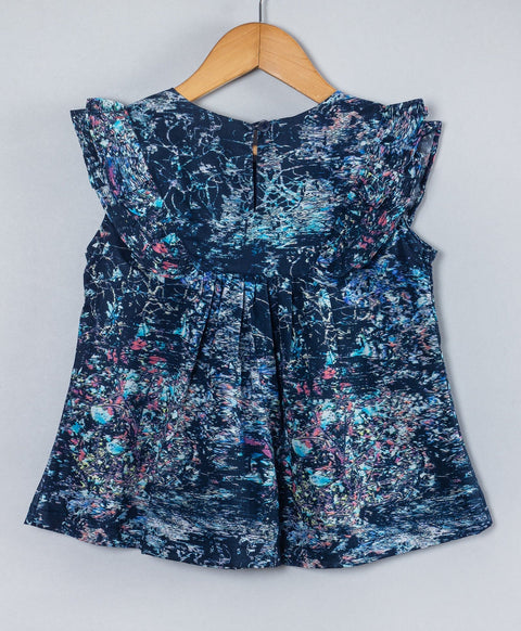 Abstract print top with frill along the yoke-Navy