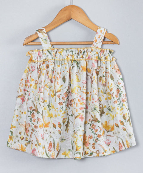 Floral print strappy top with contrast overlock detailing-White/Yellow
