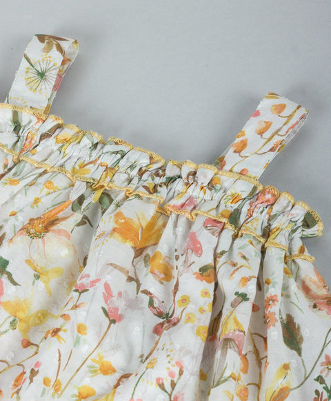 Floral print strappy top with contrast overlock detailing-White/Yellow