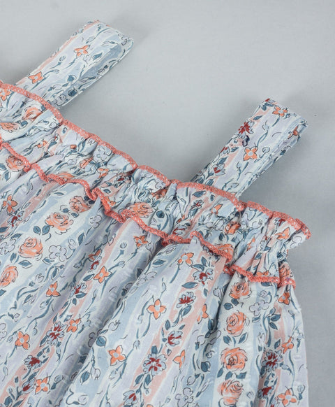 Floral stripe top with shoulder straps-Soft blue/ pink