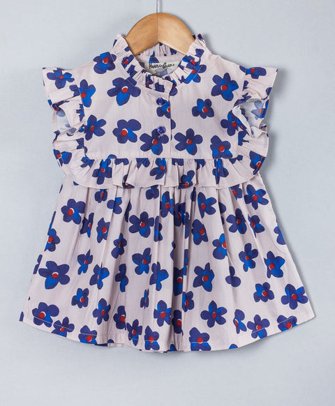 Poppy blue floral top with frill along yoke n front button opening-Blue