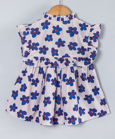 Poppy blue floral top with frill along yoke n front button opening-Blue
