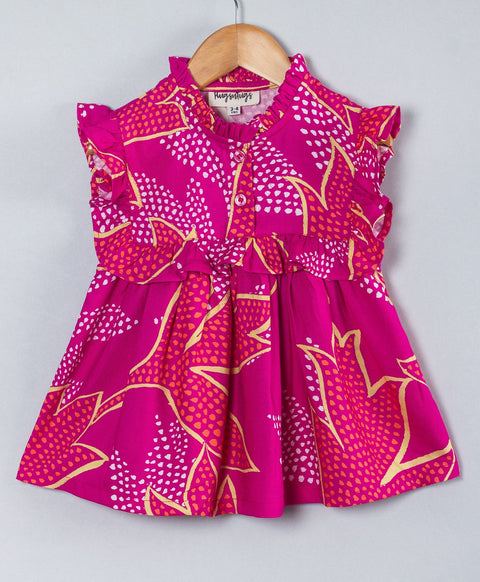 Big leaf print top with frill along the yoke-Bright pink